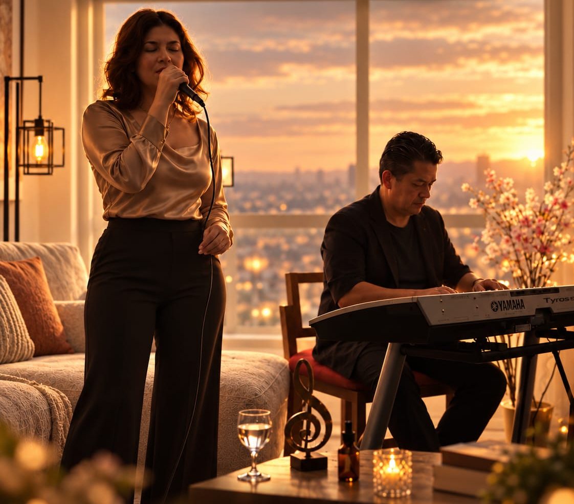 Alma canta y Yan la acompaña al teclado en una sala con vista a la ciudad al atardecer